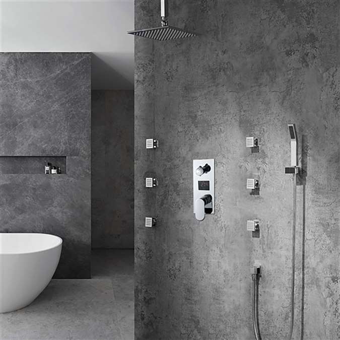 BathSelect Florento Solid Brass Shower Head And Digital 3 Function Mixer Faucet With 6 Massage Jets In Chrome Finish