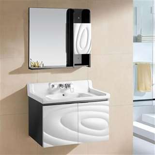 Miami Wall Mount Bathroom Vanity In Black And White Abstract Design With Ceramic Sink And Mirror