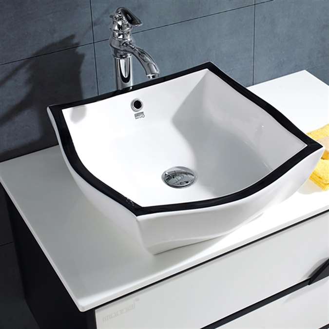 Miami Wall Mount Bathroom Vanity In White And Black With Deck Mount Ceramic Sink