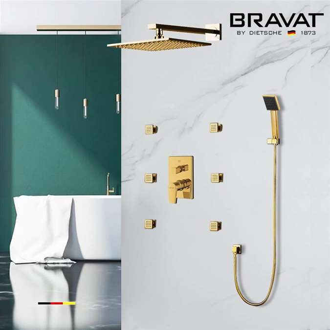 Bravat Thermostatic Shower Set With Rainfall Shower Head And 6 Pieces SPA massage Jets With 3 Way Mixer Faucet In Gold Finish