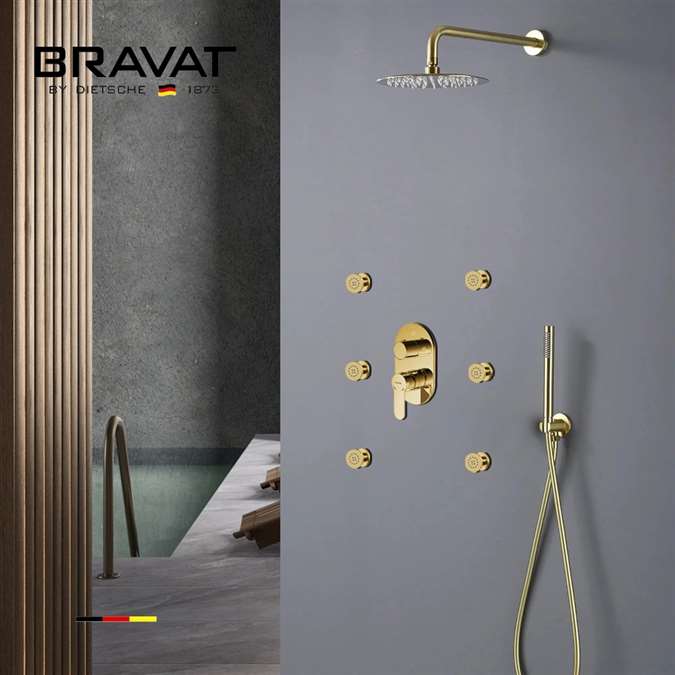 Bravat Hotel Thermostatic Shower Set With Rainfall Shower Head And 6 Pieces SPA massage Jets With 3 Way Mixer Faucet In Gold Finish