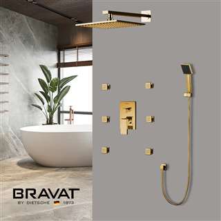 Hotel Bravat Thermostatic Shower Set With Rainfall Shower Head And 6 Pieces SPA massage Jets With 3 Way Mixer Faucet In Gold Finish