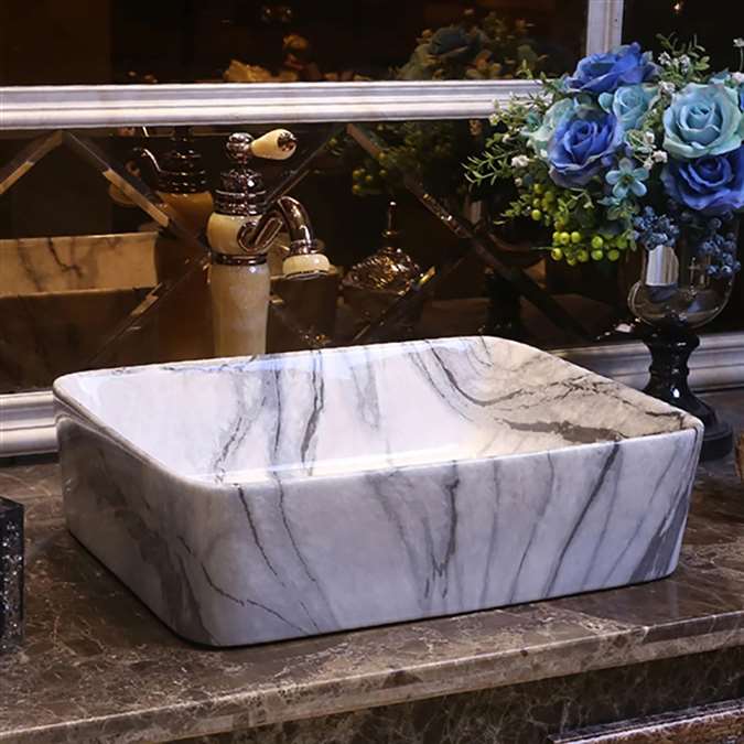 BathSelect European Style Rectangular Shaped Deck Mount Black And White Marble Sink With Freestanding Vintage Faucet.