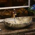 BathSelect European Style Boat Shaped Deck Mount Stone Grey Marble Sink With Freestanding Vintage Faucet