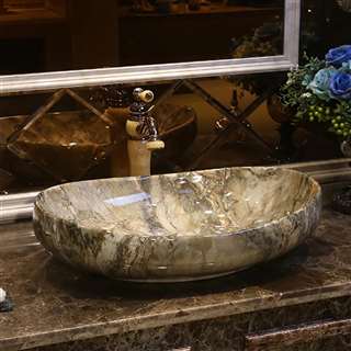 BathSelect European Style Boat Shaped Deck Mount Stone Grey Marble Sink With Freestanding Vintage Faucet