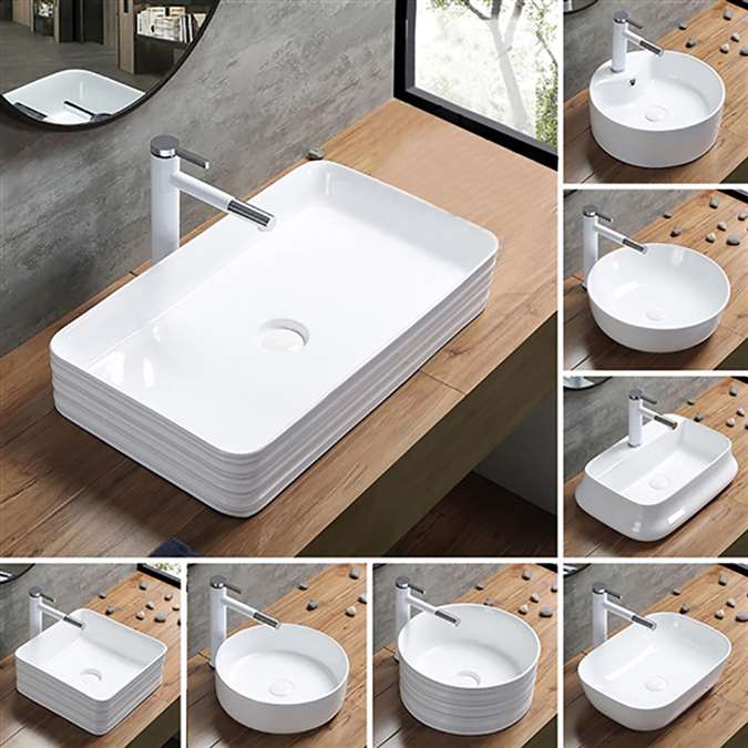 BathSelect Square Shaped Ceramic Deck Mount Sink With Horizontal Lines Over It In Pure White Finish