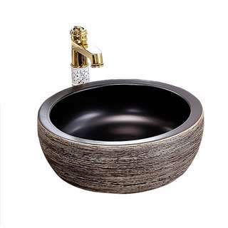 BathSelect Greenville Round Shaped Deck Mount Ceramic Vessel Sink In Stone Wooden Finish With Smooth Inner Surface