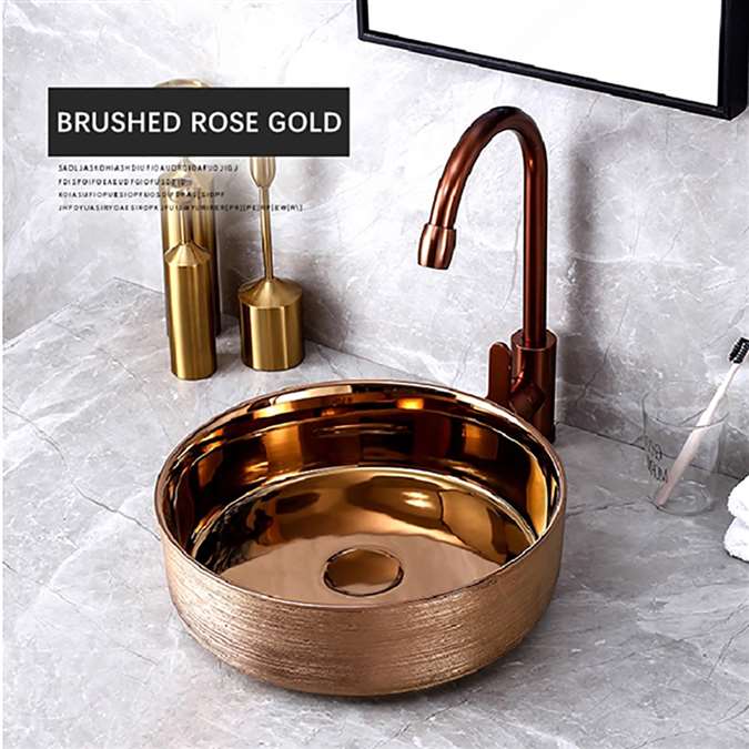 BathSelect Solid Brass Round Shaped Deck Mount Antique Sink In Rose Gold Finish