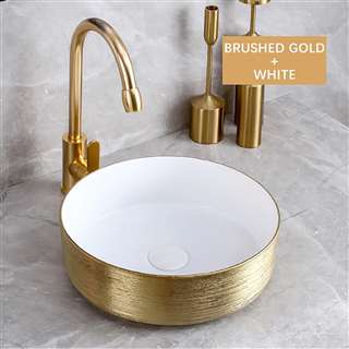 BathSelect Round Shaped Deck Mount Ceramic Sink In Brushed Gold And White Finish