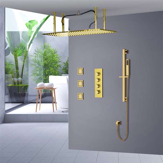 BathSelect Solid Brass Rainfall Shower Head With Handheld Shower And Thermostatic Mixer In Gold Finish