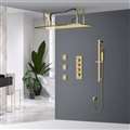 BathSelect Solid Brass Rainfall Shower Head With Handheld Shower And Thermostatic Mixer In Brushed Gold Finish