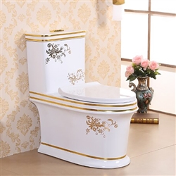 Vermont European Style Floor Mounted Lavatory in Ceramic White and Gold Finish with Floral Design