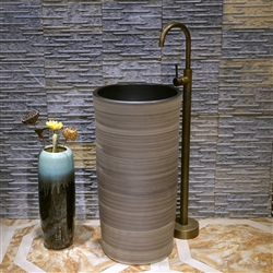 Greenville Freestanding Pedestal Cylinder Ceramic Wash Bathroom Sink with Faucet in Smooth Wood Stripe Finish