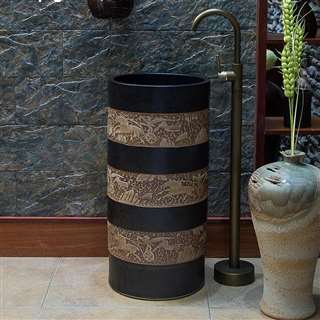 Greenville Hotel Freestanding Pedestal Cylinder Ceramic Wash Bathroom Sink with Faucet in Black and Brown Finish with Engraved Art Design