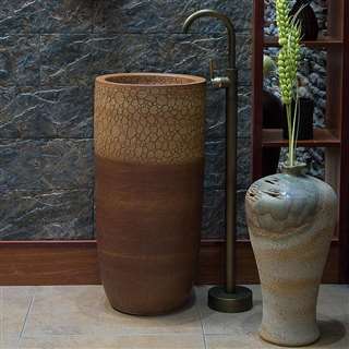 Greenville Freestanding Pedestal Cylinder Ceramic Wash Bathroom Sink with Faucet in Crackle Brown Wood Finish