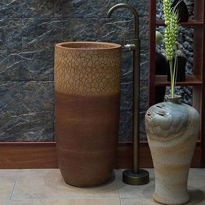 Greenville Hotel Freestanding Pedestal Cylinder Ceramic Wash Bathroom Sink with Faucet in Crackle Brown Wood Finish