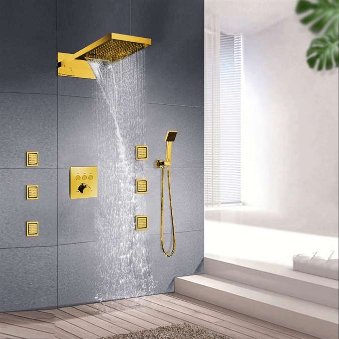 Leonardo Gold Finish Rainfall Waterfall Shower System Set || Rainfall ...