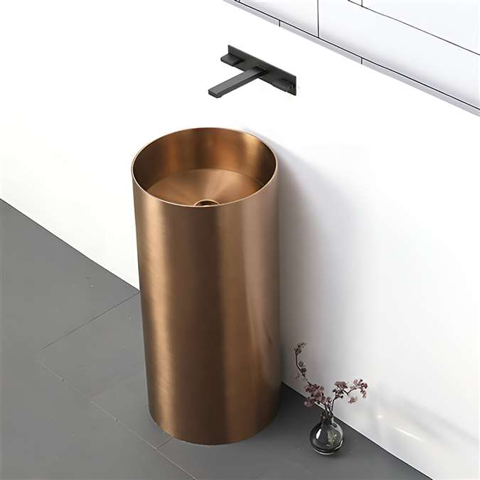 Naples Solid Brass Freestanding Pedestal Cylindrical Shape Bathroom Sink In Light Oil Rubbed Bronze Finish