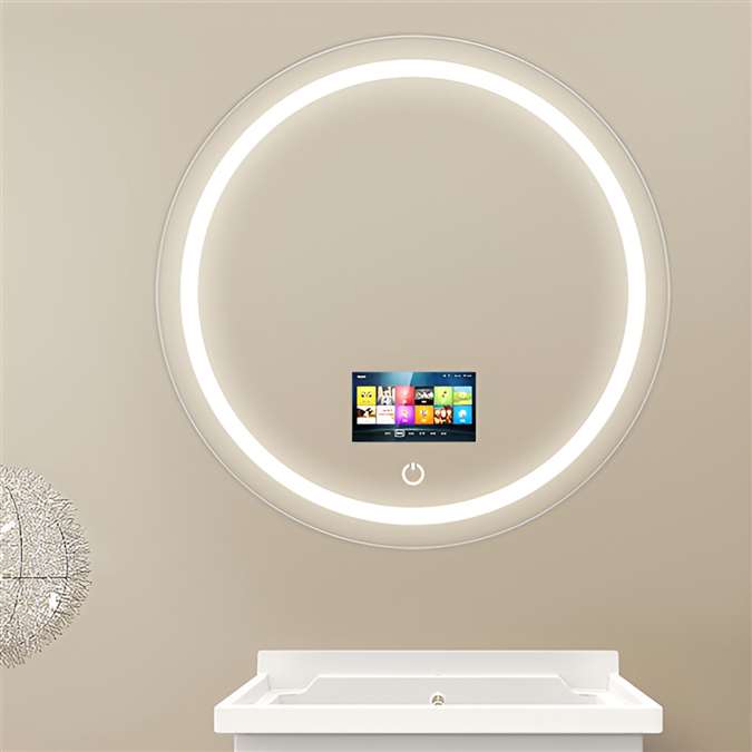 Round Tempered Glass Smart Television Mirror With Touchscreen Power Button And Frosted LED Lights