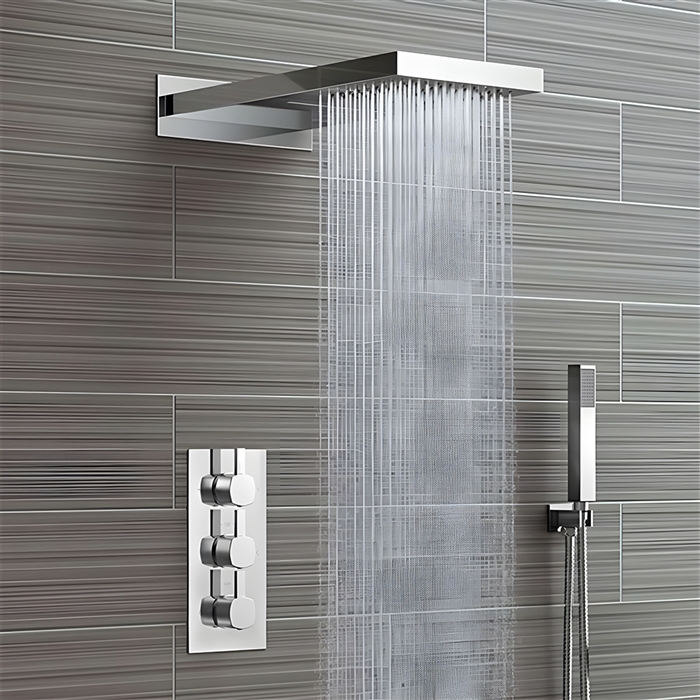 Leo Contemporary Style Chrome Finish Rain And Waterfall Shower Head With 3 way Mixer And Handheld Shower