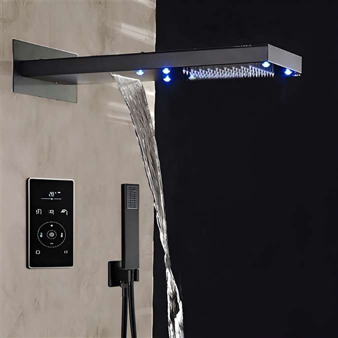 Hotel Lima Solid Brass Multi Color LED Rain Shower Head With Thermostatic LCD Mixer Valve And Handheld Shower In Matte Black Finish