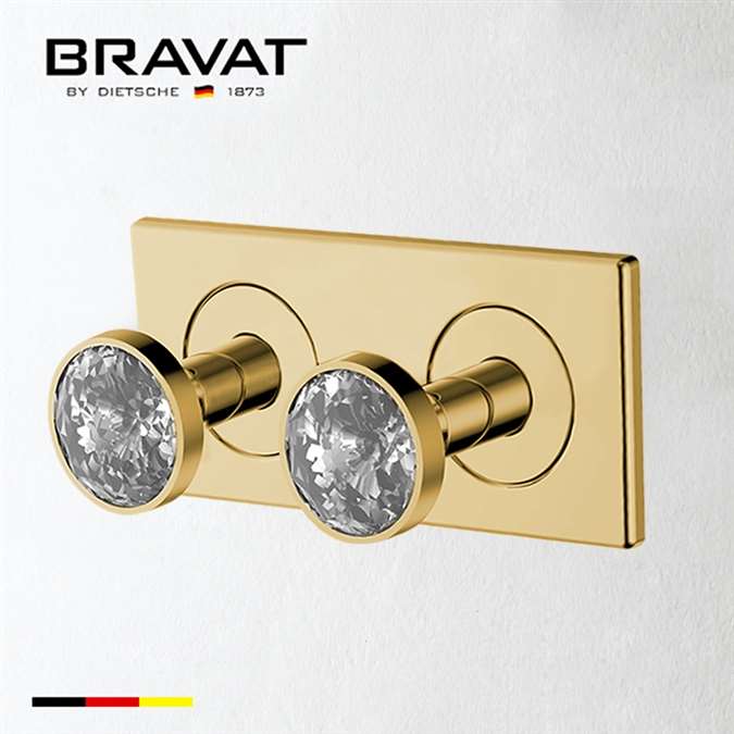 Bravat Two Crystal Handle Thermostatic Bathroom Shower Mixer In Brushed Gold Finish