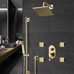 BathSelect Rainfall Square Shower Head And Hand Held Shower With Stress-Free Body Jet & Thermostatic Mixer Valve In Brushed Gold Finish