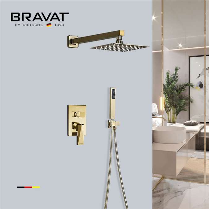 Bravat Brushed Gold Shower Head With Concealed Mixer And Handheld Shower