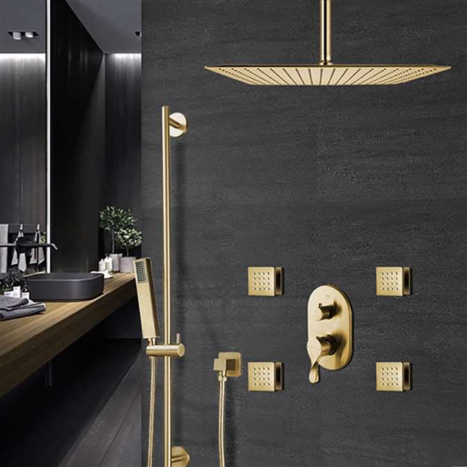 Lima Thermostatic Brushed Gold Shower Set With 4 Pieces SPA Massage Jets And 2-Way Mixer Valve