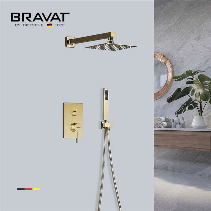 Bravat Brushed Gold Shower Head With Concealed Mixer And Handheld Shower