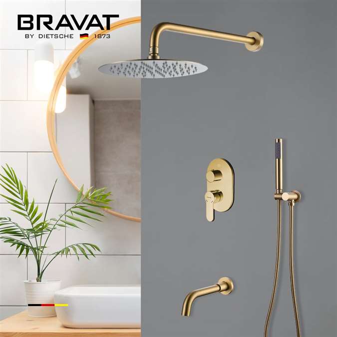 Bravat Brushed Gold Shower Head With Concealed Mixer And Handheld Shower