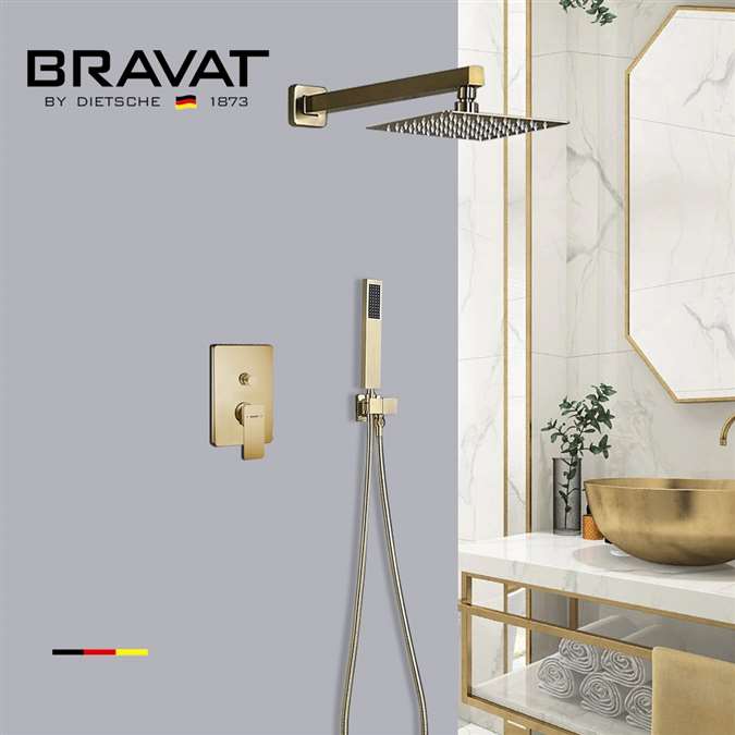 Bravat Brushed Gold Shower Head With Concealed Mixer And Handheld Shower