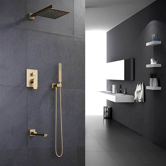 BathSelect Deauville Brushed Gold Bathroom Rainfall Shower Combo Set with Tub Faucet