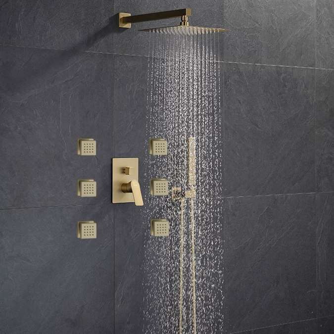 BathSelect Marseille Brushed Gold Wall Mount Massage Thermostatic Shower System Set