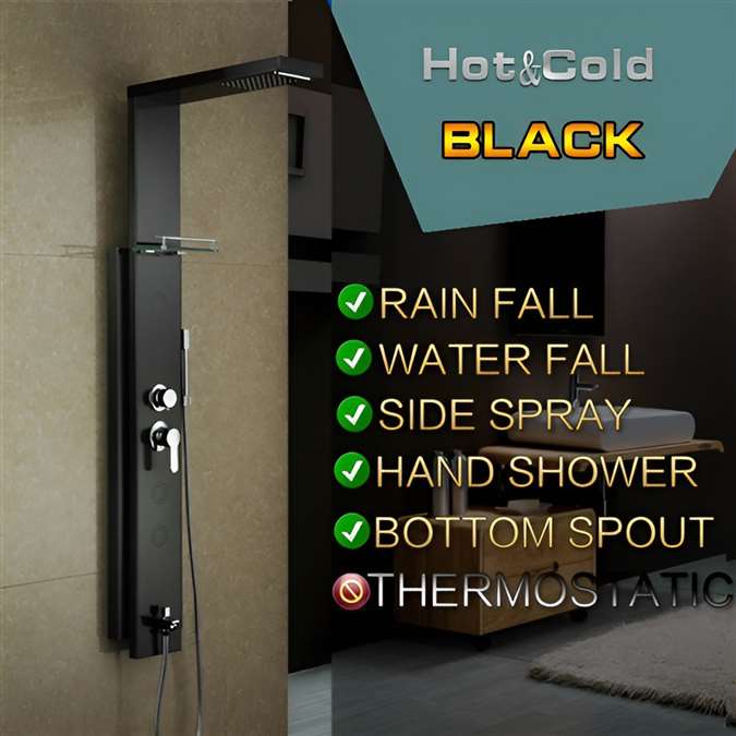 Black Stainless Steel Rainfall Shower Panel Rain Massage System with Jets & Hand Shower