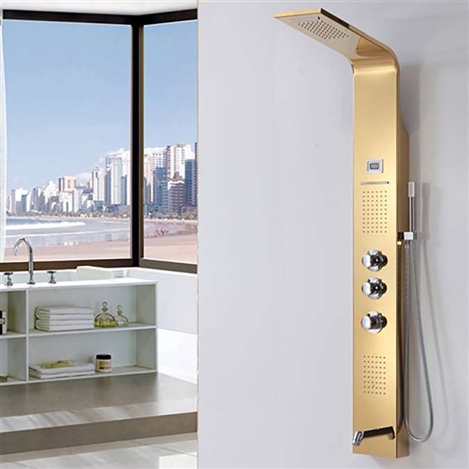 Gold Finish Bella Rainfall Pulsating Massage Shower Panel System Digital Display with Jets & Hand Shower