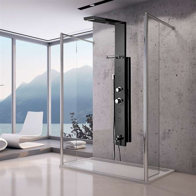 Black Stainless Steel Rainfall Shower Panel Rain Massage System Thermostatic Faucet with Jets & Hand Shower