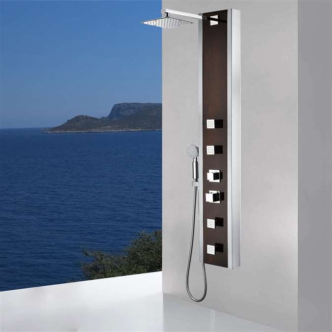 Full Body Shower Panel System with Heavy Rain Shower and Spray Wand in Mahogany Style Deco-Glass