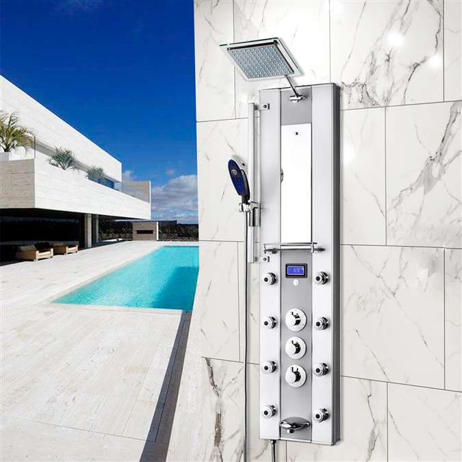 Aluminum Shower Panel System with Rainfall Shower Head, Handshower Wand, LED Display, Tub Spout and Mirror