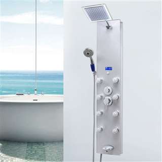 Shower Panel System in Silver Tempered Glass with Rainfall Shower Head, LED Display, Handshower, Tub Spout