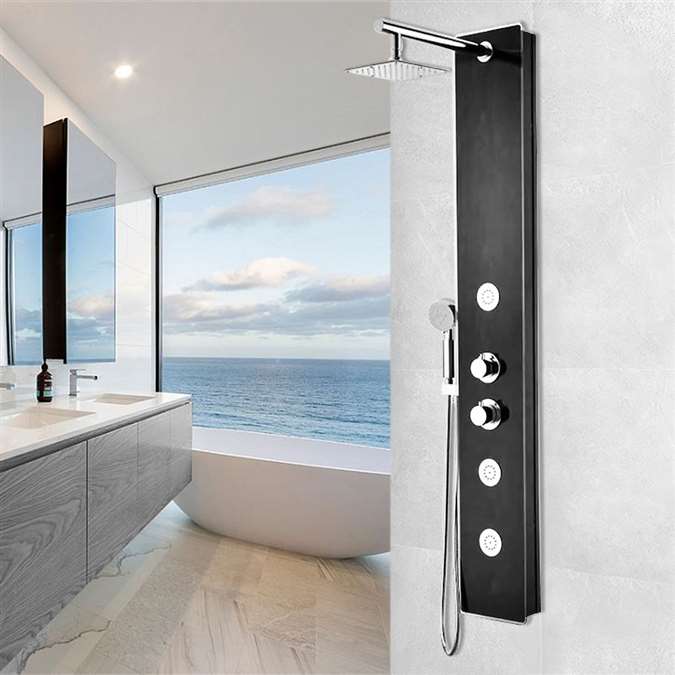 Shower Panel System with Heavy Rain Shower and Spray Wand in Black Deco-Glass