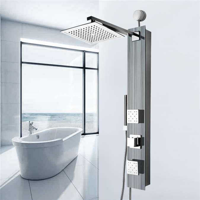 Shower Panel System in Silver Tempered Glass with Rainfall Shower Head and Shower Wand