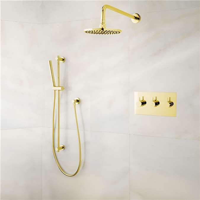 BathSelect Hotel Gold Wall Mount Round Rainfall Shower Set with Handheld Shower