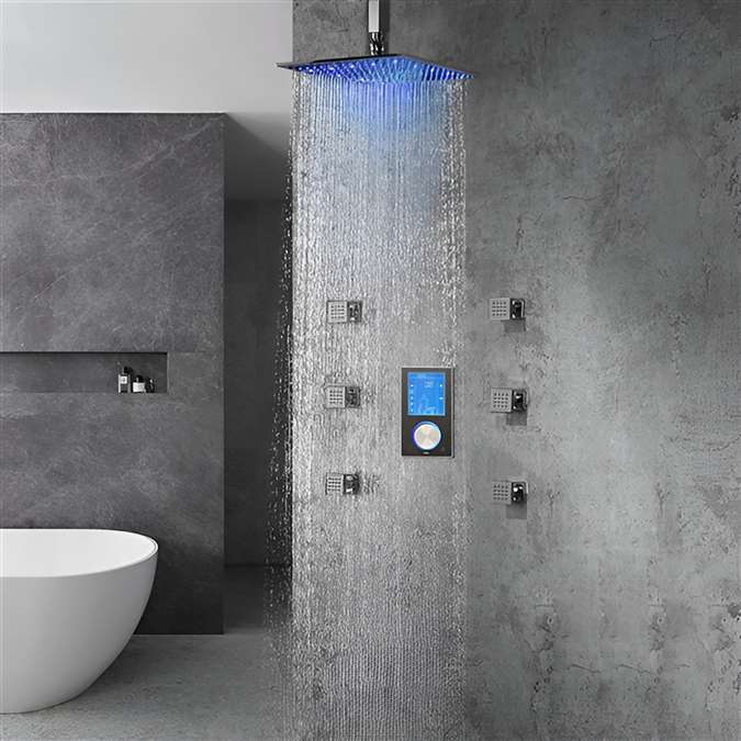 Hotel Romo Solid Brass Color Changing LED Rain Shower Head with Digital Mixer and 360° Adjustable Body Jets