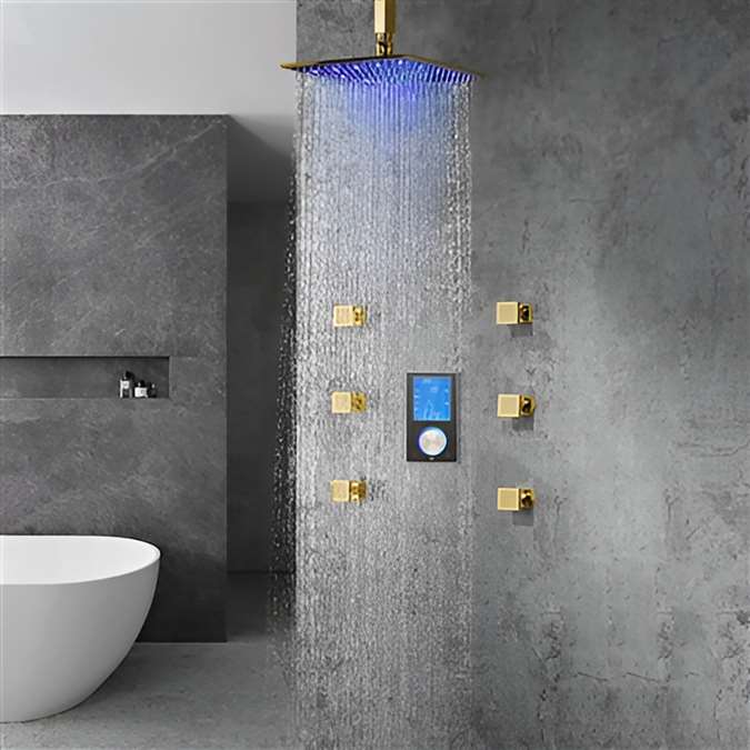 Hotel Naples Gold Finish Multi Color LED Rain Shower Head With Digital Mixer And 360° Adjustable Body Jets