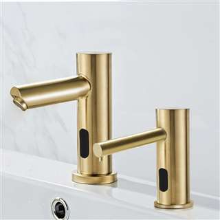 BathSelect Brushed Gold Finish Hotel Freestanding Dual Automatic Commercial Sensor Faucet And Soap Dispenser