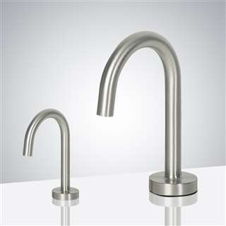 Luna Goose Neck Brushed Nickel Finish Freestanding Dual Commercial Sensor Faucet And Soap Dispenser