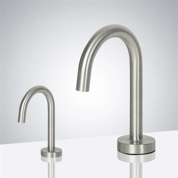 Luna Goose Neck Brushed Nickel Finish Freestanding Dual Commercial Sensor Faucet And Soap Dispenser