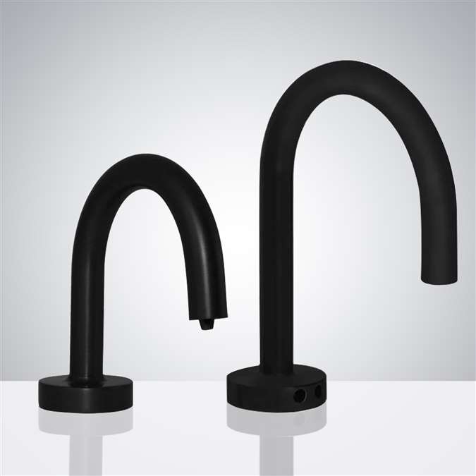 Luna Goose Neck Matte Black Finish Freestanding Dual Commercial Sensor Faucet And Soap Dispenser