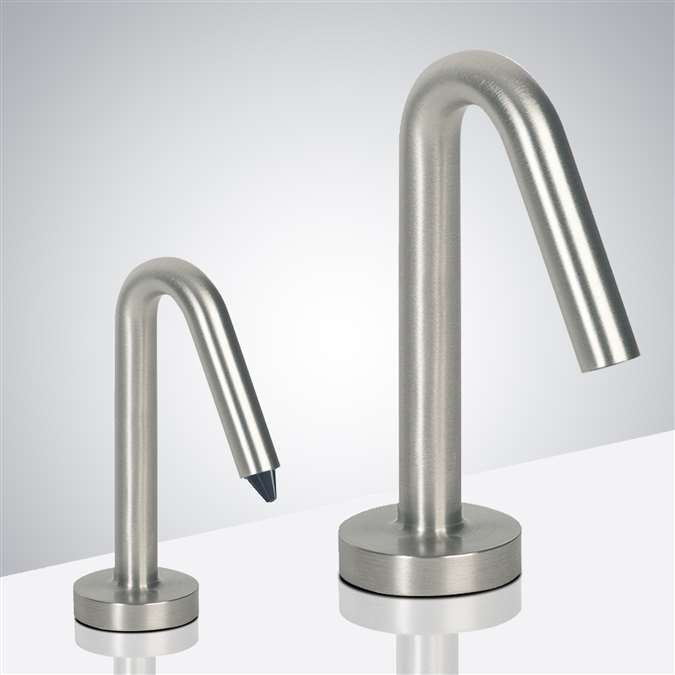 Lano Inverted V-Shaped Brushed Nickel Finish Freestanding Dual Commercial Sensor Faucet And Soap Dispenser